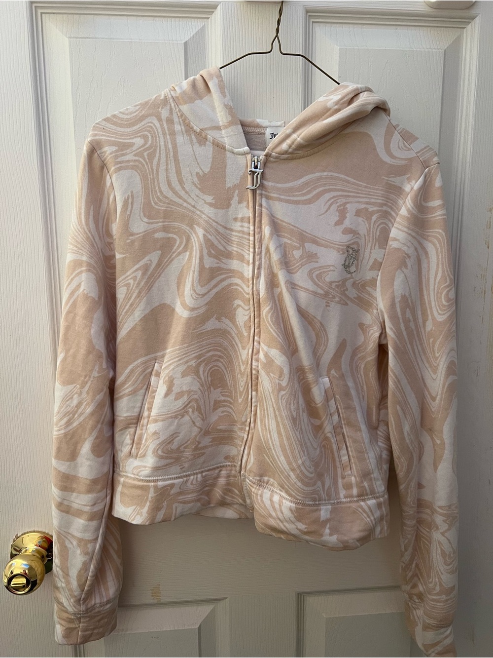 Juicy Couture Marble Print Zip-Up Hoodie in Tan & White